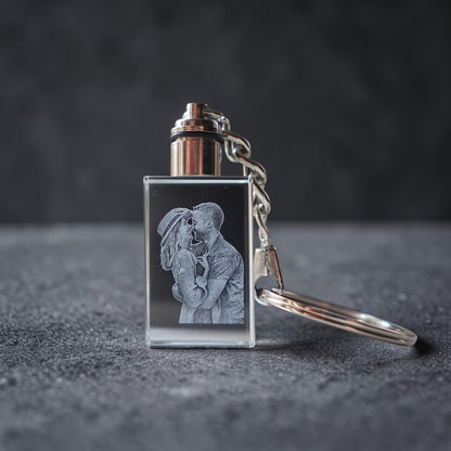 Personlig 2D/3D nøglering i krystalglas med fotogravering